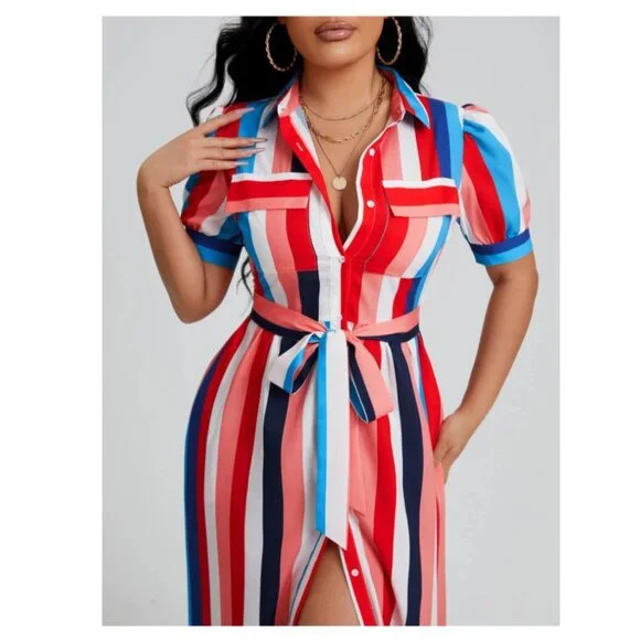 SHEIN VCAY Rainbow Striped Flap Pocket Belted Shirt Dress, Women, Small - Picture 5 of 5